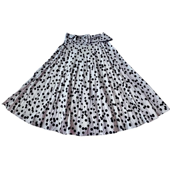 Tahari Dresses & Skirts - Tahari Belted Elastic Waist Black Beige Polka Dot Linen Blend Midi Skirt Women 8
